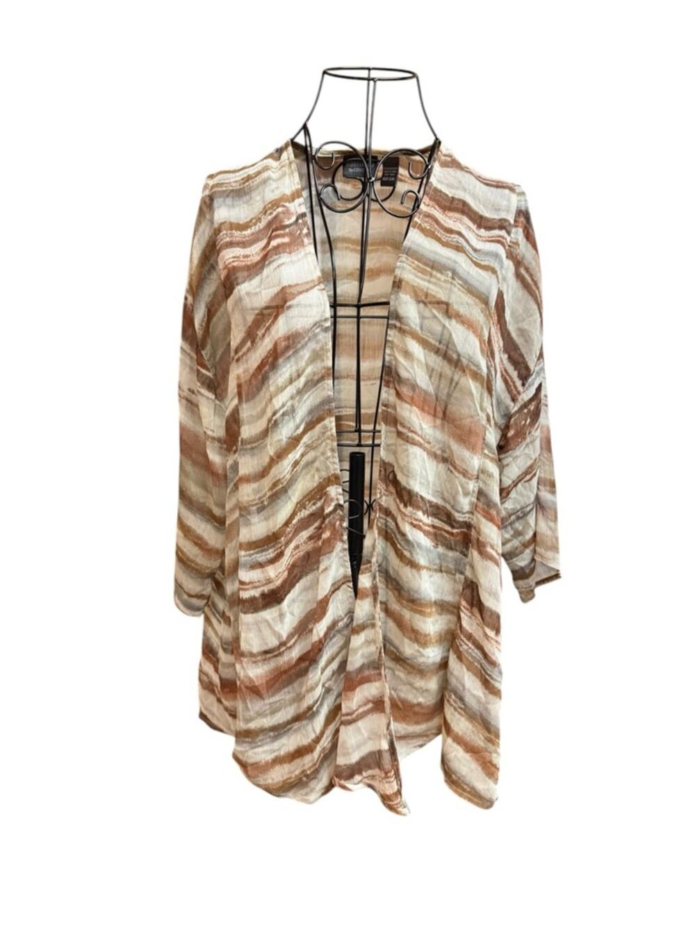 Chico's Additions Lightweight Striped Open-Front Kimono in Cream & Brown S/M